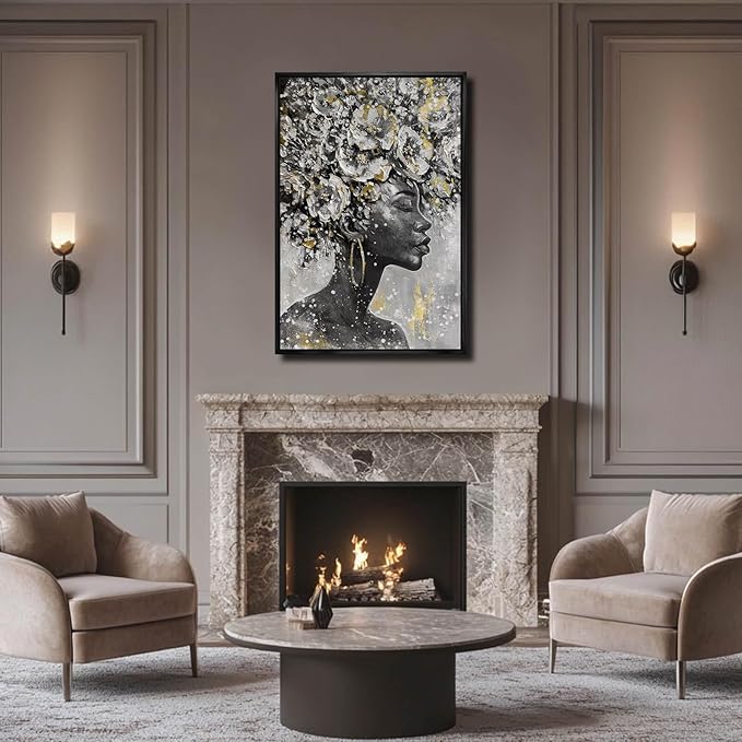 MLART99 Gold African American Wall Art Black Woman Wall Decor with Frame Vertical Floral Canvas Painting Modern Print Bedroom Living Room Decor 24x36 Inch-Ruum Studio Home