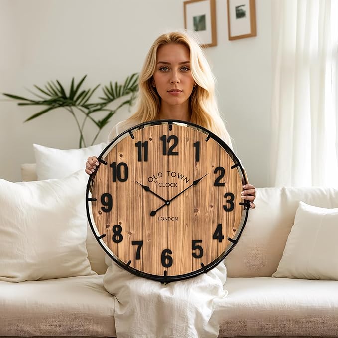 Large Old Town Farmhouse Wall Clock 20 Inches - Rustic Antique Wood with Metal Circle and Large Numerals Silent Battery Operated Wall Clock for Office Kitchen Bedroom Living Room-Ruum Studio Home