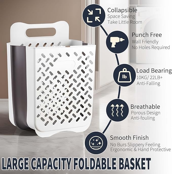 Plastic Foldable Laundry Basket with Handle, 42L Wall Mounted Laundry Hamper Freestanding Dirty Clothes Hamper, Collapsible Laundry Baskets Pop Up Hamper Storage Container for Snacks Dolls-Ruum Studio Home