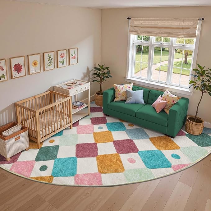 jinchan Kids Rug for Classroom 8ft Radius Corner Washable Area Rug Modern Colorful Quarter Circle Rug Soft Non-Slip Carpet for Nursery Playroom Daycare Reading Nook Living Room Confetti on Cream-Ruum Studio Home