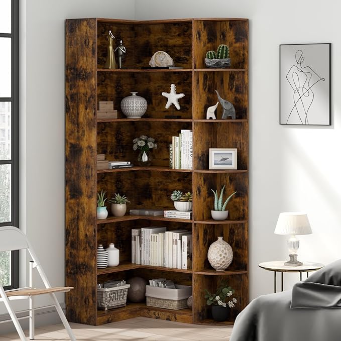 Loomie Bookshelves, 6 Tiers Shelf Large Tall Corner Etagere Bookcase with Full Baffle, L-Shaped Modern Storage Display Industrial Book Shelf for Bedroom, Home Office, Living Room & Kitchen, Rustic-Ruum Studio Home