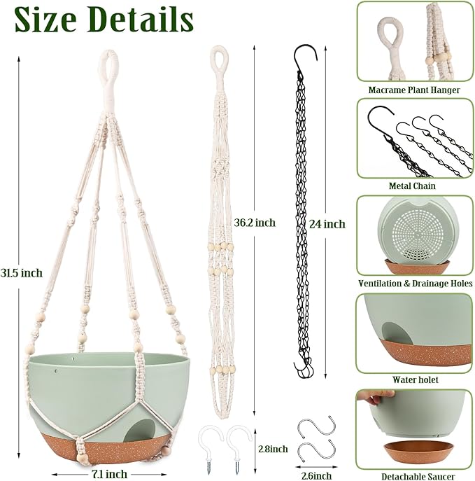 Hanging Planters for Outdoor Indoor Plants, 2 Pack 12 Inch Hanging Basket Plants Outdoor, Self Watering Hanging Planter with Plant Hanger for Garden Home Decoration (2 Type Plant Hangers Green)-Ruum Studio Home