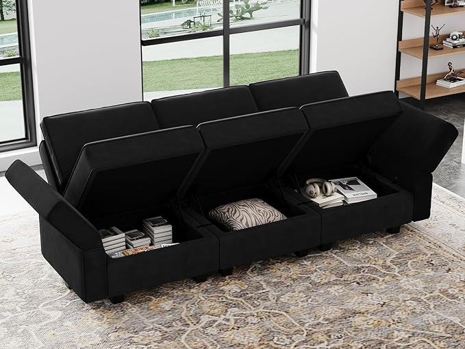 Belffin Modular Sofa Couch with Storage Seats Velvet 3 Seater Sofa for Living Room Black-Ruum Studio Home