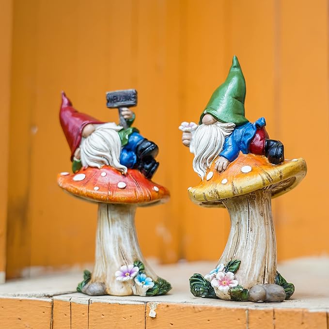 TERESA'S COLLECTIONS Resin Statues for Yard, Set of 2 Cute Garden Gnomes on Mushroom Statues for Outdoor Patio Porch Lawn, Ideal Gift for Dad Mom Birthday, Outside Decor Housewarming Gifts, 6.7"-Ruum Studio Home
