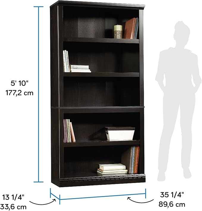 Sauder Miscellaneous Storage 5 Bookcase/Book Shelf, L: 35.28" x W: 13.23" x H: 69.76", Estate Black-Ruum Studio Home