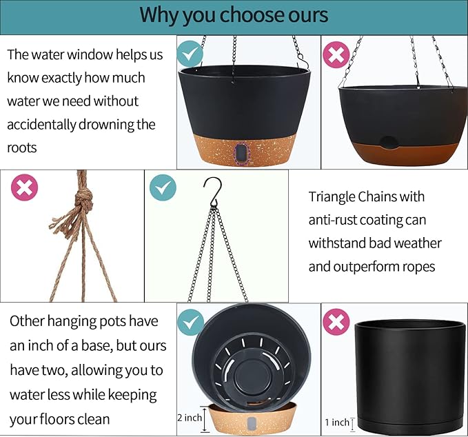 2 Pack Hanging Planters for Indoor Outdoor Plants, 10 Inch Hanging Flower Pot Basket with Drainage Hole with Removable Tray&Hooks Self Watering Plant Pot for Hanging Plants, Dark Grey-Ruum Studio Home