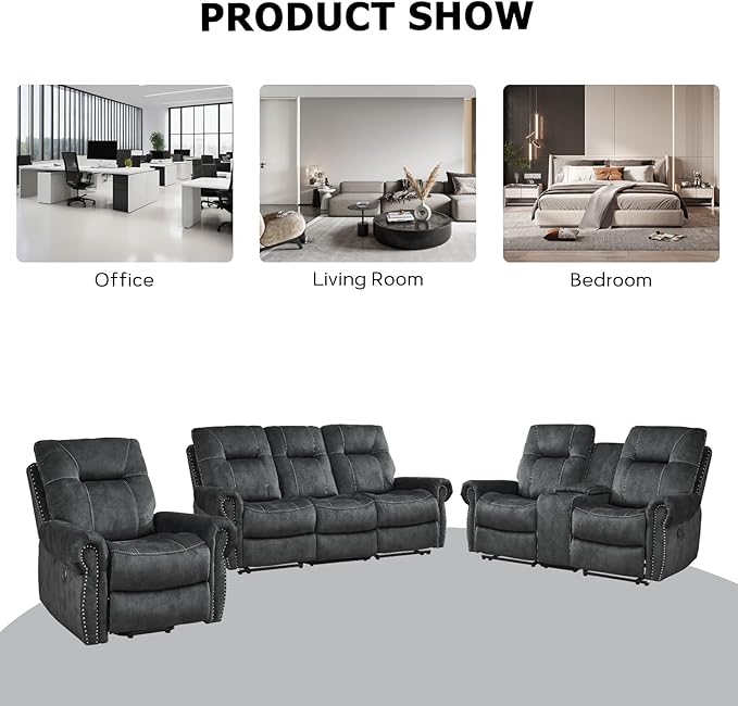 EBELLO Electric Power Recliner Chair with Massage and Heat, Soft Fabric Massage Recliner for Adults, Overstuffed Single Reclining Sofa, Vintage Rivet Mid-Century Design for Living Room, Grey-Ruum Studio Home