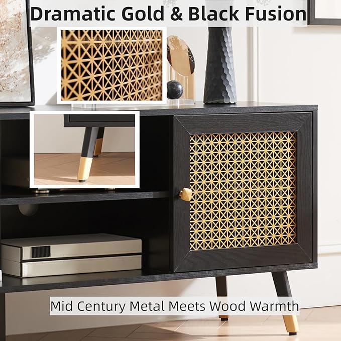 JYED Mid Century Modern TV Stand and Console for TVs Up to 75" - Black Entertainment Center, 2 Gold Metal Mesh Doors & MDF Wood Grain, 15.8" D x 66" W x 23.5" H-Ruum Studio Home