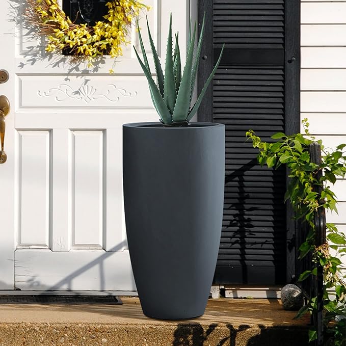 Kante 23.6" H Charcoal Concrete Tall Planters (Set of 2), Large Outdoor Indoor Decorative Plant Pots with Drainage Hole and Rubber Plug, Modern Style for Home and Garden-Ruum Studio Home