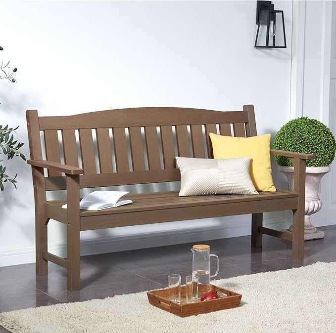 Psilvam 3-Person Outdoor Memorial Bench, All-Weather Poly Lumber Garden Bench, Rot-Resistant Outdoor Patio Bench for Park,Porch,and Church(Brown)-Ruum Studio Home