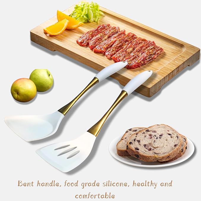 Heat-Resistant Silicone Kitchen Spatula Set – Non-Toxic Cooking Utensils with Solid & Slotted Designs –Food Grade Silicone and Stainless Steel Handles –Ideal for Nonstick Cookware, Gold-Ruum Studio Home