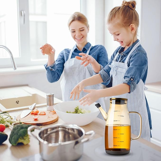 Large Glass Oil Dispenser Bottle for Kitchen Cooking Recipiente Para Aceite De Cocina Olive Oil Vinegar Dispenser Cruet Stainless Steel Lid No Drip Liquid Container (Champagne, 27oz / 800ml)-Ruum Studio Home