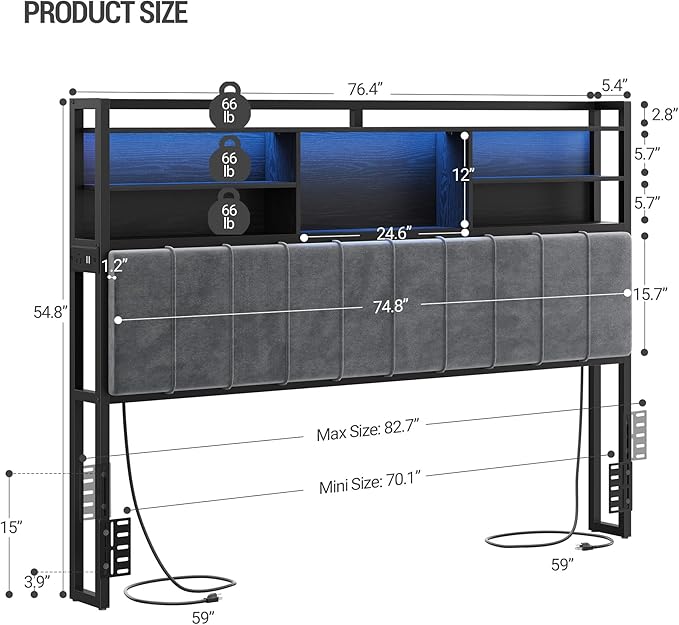 Headboard with 3-Tier Storage Shelves, Velvet Upholstered Head Board with 2 Outlets, USB Ports & LED Light, Soft Backrest for King Size Bed, Black BH19404B-Ruum Studio Home