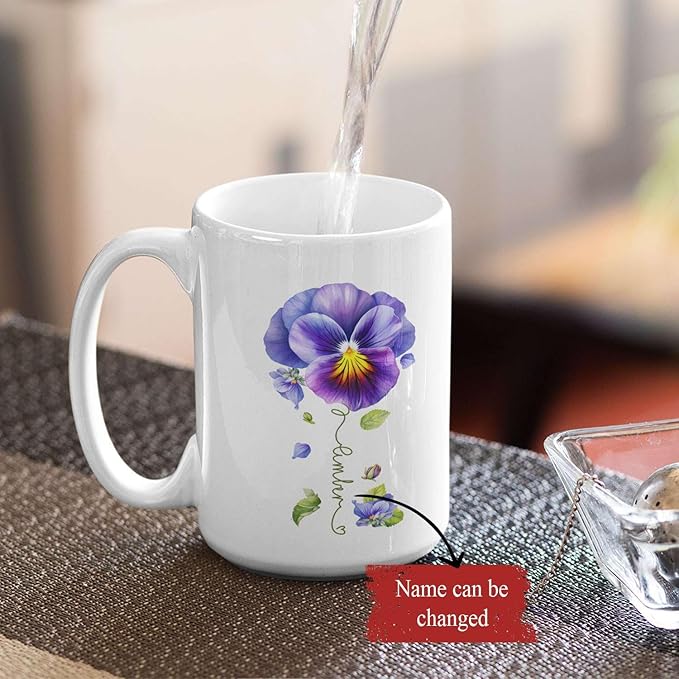 Pansy Design Ceramic Cup, Personalized Name Flower Themed Mug, Custom Coffee Cup For Pansy Flower Lover, Customized Floral Accent Mug 11oz 15oz, Pansy Cup Gift For Daughter-Ruum Studio Home