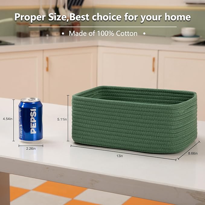 4 Pack Small Storage Shelf Baskets for Organizing, Mini Woven Rope Storage Bins for Towels, Cute Decorative Closet Organizer，Baby Nursery, Gift Empty Baskets -13''Lx8.66''Wx5.11''H-Green-Ruum Studio Home