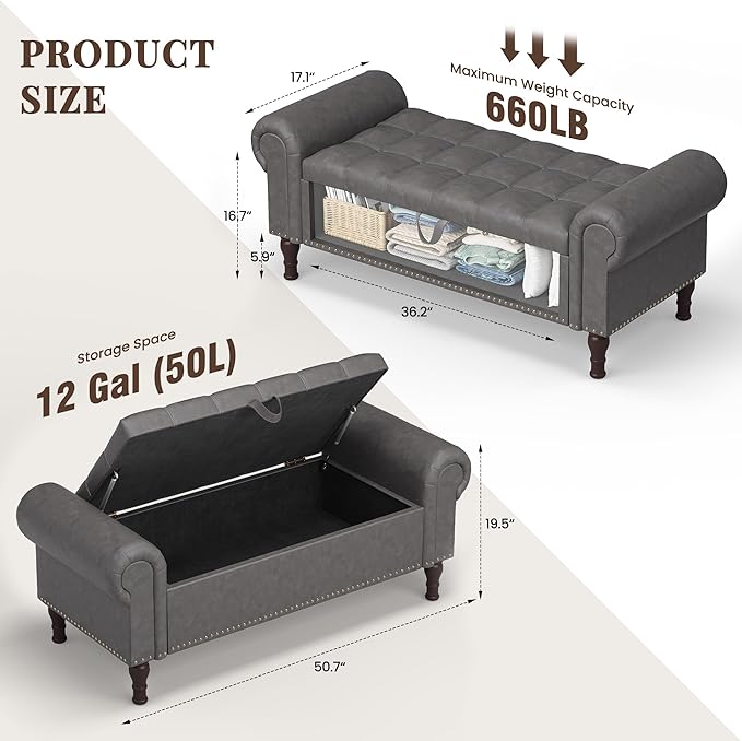 Storage Bench for Bedroom, 51" Full Queen Storage Bench, Upholstered Bedroom Bench with Rolled Arms and Vintage Rivets for Living Room, Storage Room, Entryway, Gray-Ruum Studio Home