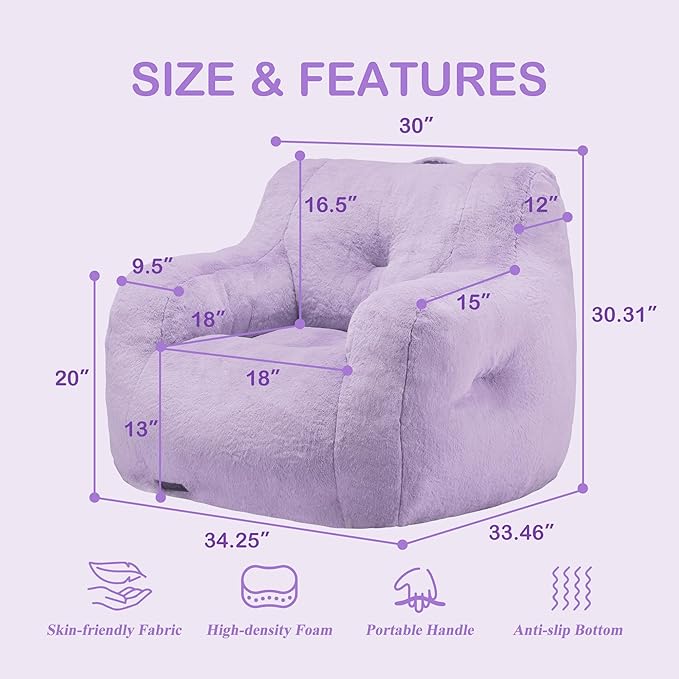 Hobestluk Bean Bag Chair for Adult Small Bean Bag Chairs with Arms Furry Beanbag Chair with Foam Filler Stuffed Bean Bag Sofa for Reading in Bedroom Living Room and Dorms (Purple)-Ruum Studio Home