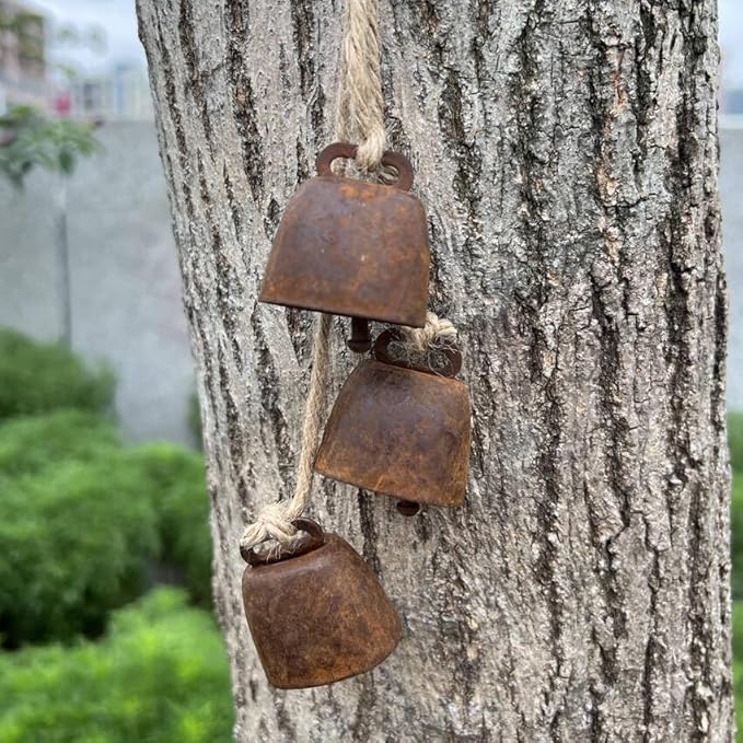 2pc Rustic Charm Bell - Handmade Hemp Rope Wind Chimes Hanging Decoration, Distressed Finish Cow Bell with Jute Hanging Rope, Perfect for Front Door, Outdoor, Window, and Home Decor,-Ruum Studio Home