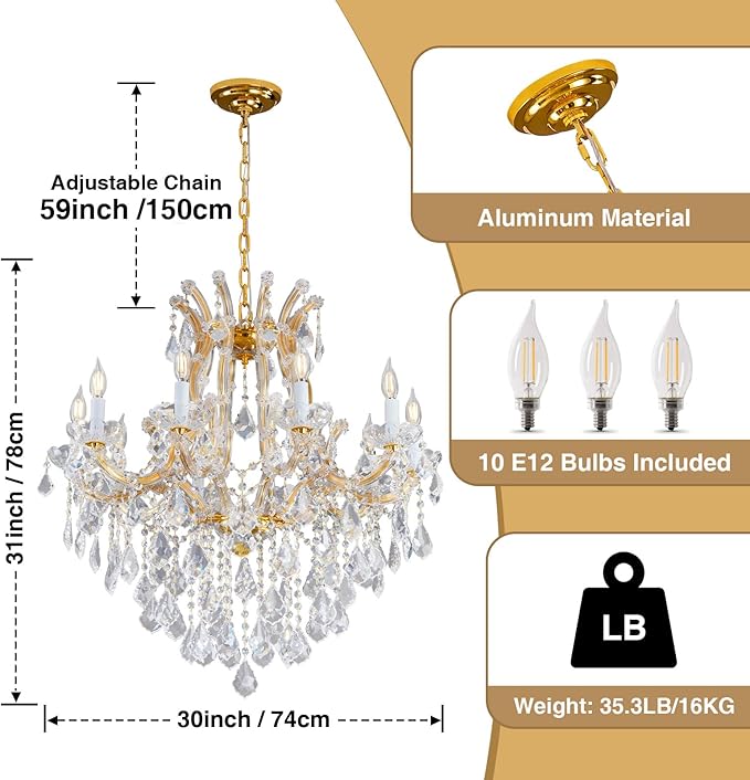 Modern Crystal Chandeliers, Gold Candle Chandelier -Luxury Chandelier Lighting Fixtures for Dining Room, Foyer, Staircase Hallway Living Room Entryway, 10 Lights-Ruum Studio Home