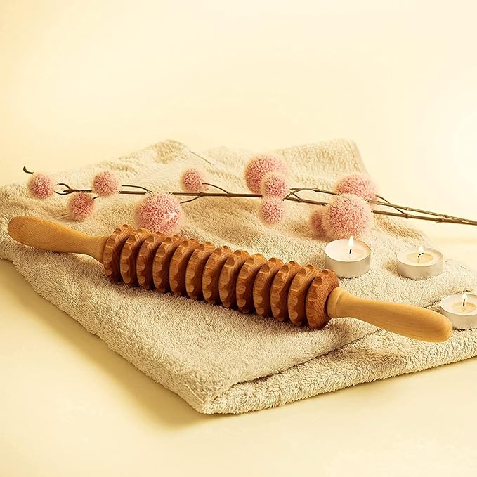 2 Pcs Wooden Sturdy Lymphatic Drainage Roller & Back Massager with Ropes, Maderotherapy, Body Sculpting- Recommended by Professionals (Roller & Massager)-Ruum Studio Home