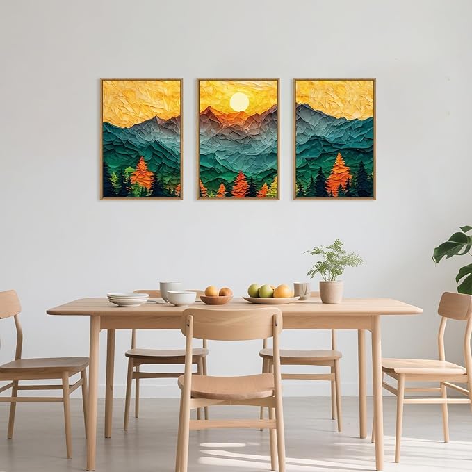 Celestdeco Abstract Mountain Framed Canvas Wall Art Set, Forest Pine Tree Golden Sunset Wall Decor, Mixed Patchwork Landscape Art Print for Living Room, Bedroom, Dining Room, Office - 24"x36"x3-Ruum Studio Home