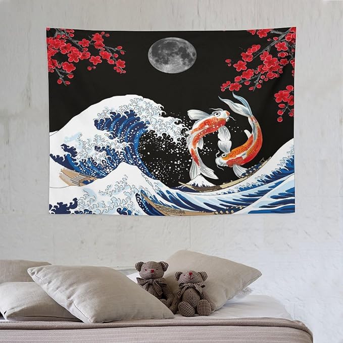 Houselerax Japanese Koi Fish Tapestry, Yin Yang Big Wave Red Cherry Blossom Tapestries Wall Hanging for Bedroom Living Room Office Decor 40"x30"-Ruum Studio Home