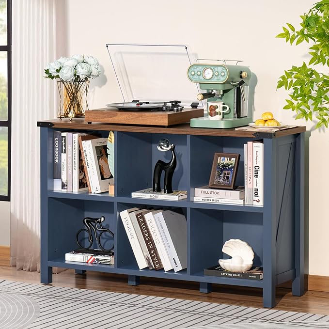 6 Cube Bookcase, Farmhouse Wood Low Storage Organizer Book Shelf, 47" Horizontal Navy Blue Console Bookshelf with Legs, Hallway Book Case for Entryway, Display Cabinet for Living Room, Office-Ruum Studio Home