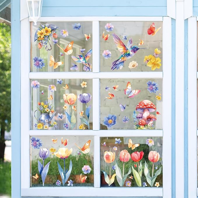 DC-BEAUTIFUL 116 PCS Spring Window Clings, 9 Sheets Double-Sided Hummingbird Butterfly Flower Easter Window Stickers, Reusable Static Floral Window Decals for Home School Office Party Decors-Ruum Studio Home