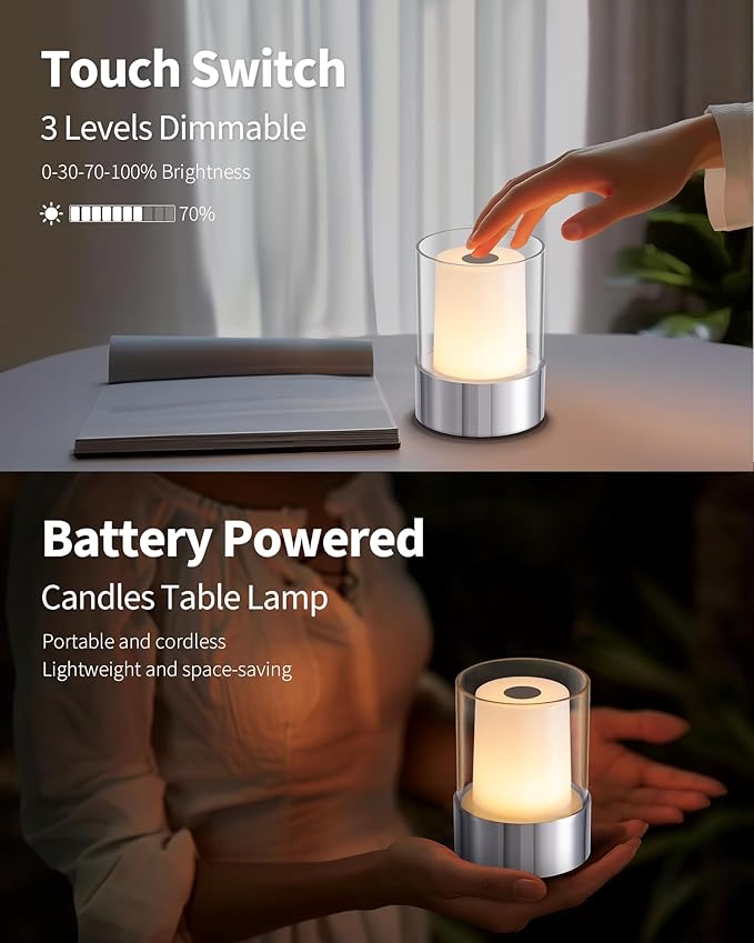 LED 4" inch Touch Night Light for Nursery Baby Kids Set of 2 (Chrome), Small Outdoor Waterproof Lamp for Bathroom Camping, Rechargeable Cordless Table Lamp for Bar Bedside Restaurant Gifts-Ruum Studio Home