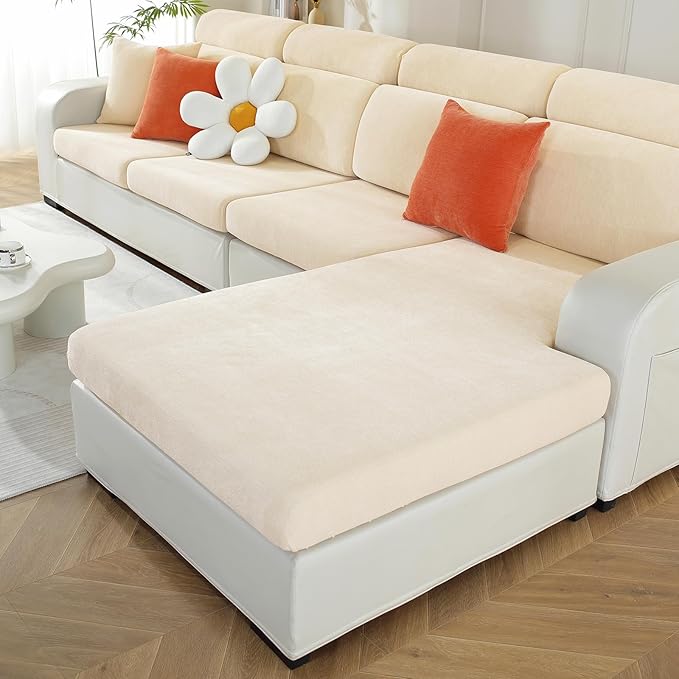 Chaise Cushion Cover for Sectional Sofa, Softer Chenille Sofa Cover for L Shaped Couch (Left or Right Facing), Stretch Chaise Couch Slipcover (Only 1 Piece, Beige)-Ruum Studio Home