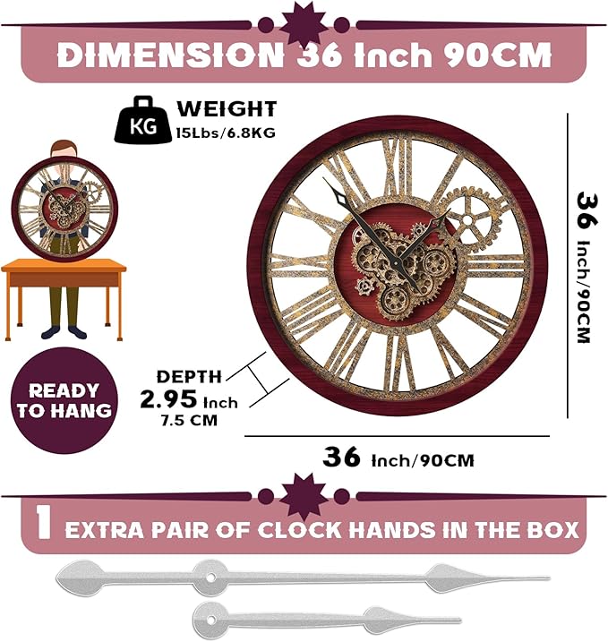 The B-Style Large Wall Clock 24 inch Moving Gear Wall Clock Oversized Vintage Farmhouse Wall Clocks for Living Room Decor Rustic Industrial Wood Clock (Cherry red and Bronze, 36 inch/90cm)-Ruum Studio Home