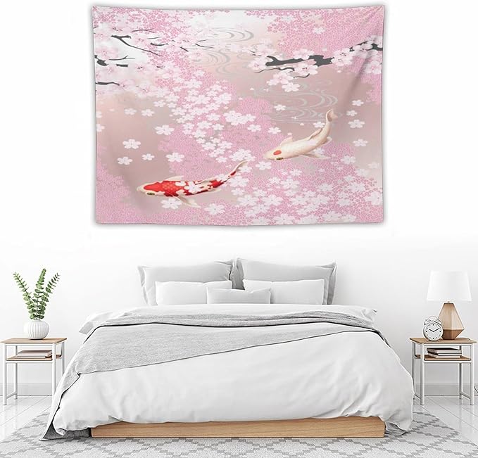 Houselerax Japanese Koi Fish Tapestry, Cherry Blossoms Asian Oriental Pink Flower Branch Koi Fish Carp Tapestries Wall Hanging for Bedroom Living Room Office Decor 40"x30"-Ruum Studio Home