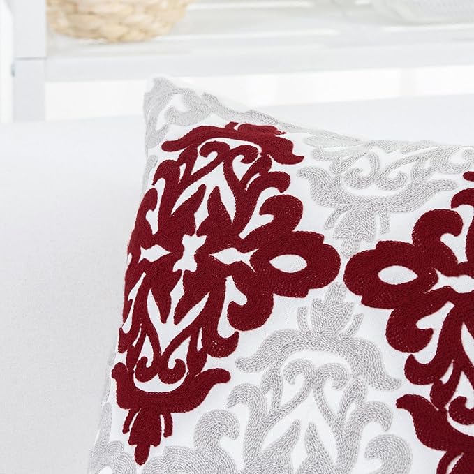 HWY 50 Burgundy Red Decorative Throw Pillow Covers 18x18 Inch, Pack of 2 Embroidered Cotton Farmhouse Cushion Cover Pillow Case for Sofa Couch Living Room Bed Bedroon, Accent Geometric-Ruum Studio Home