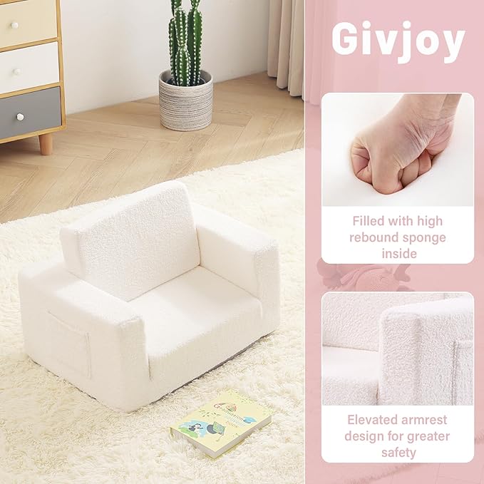 Toddler Chair Sherpa Kids Couch, 2-in-1 Soft Kids Sofa Lounger for Bedroom, Convertible Couch for Girls and Boys, Reading Chair, Beige-Ruum Studio Home