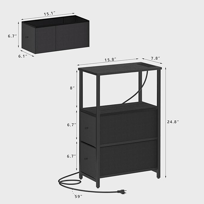 TUTOTAK Small Narrow End Table with Charging Station, Side Table with Outlets, Nightstand with 2 Cloth Drawers, Couch Table, for Living Room, Bedroom, Bedside, Black TB01BK085
