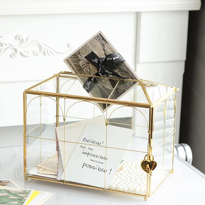 Glass Card Box with Slot, 10.2 inch Large Gold Clear Card Box for Wedding Receptions, Decorative Storage Box with Lock for Baby Shower, Birthday Party, Bridal Shower-Ruum Studio Home