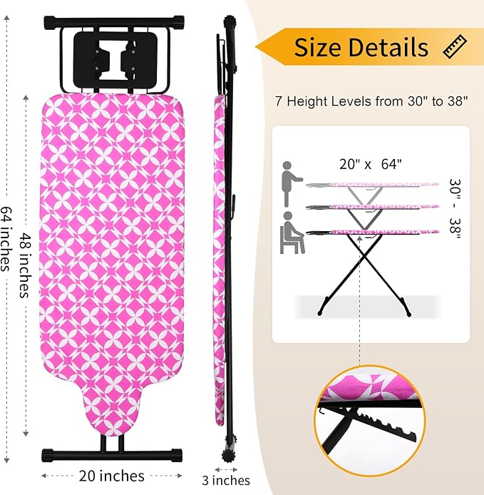 Extra Large Ironing Board with Hang Rail and Iron Rest 63" L x 20" W (Large with Iron Rest (Pink Cover))-Ruum Studio Home