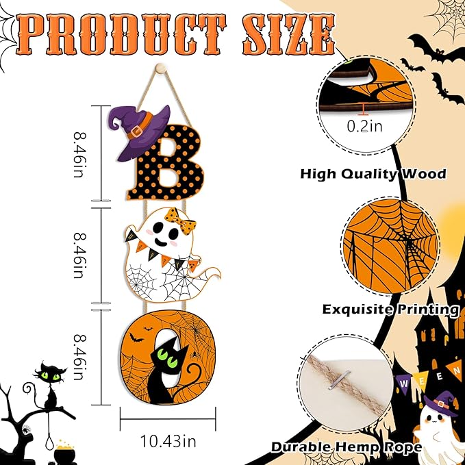Britimes BOO Halloween Door Sign for Front Door, Halloween Cute Ghost Black Ghost Wall Decorations Wooden Hanging Signs for Home Wall Porch Outdoor Party Decor-Ruum Studio Home