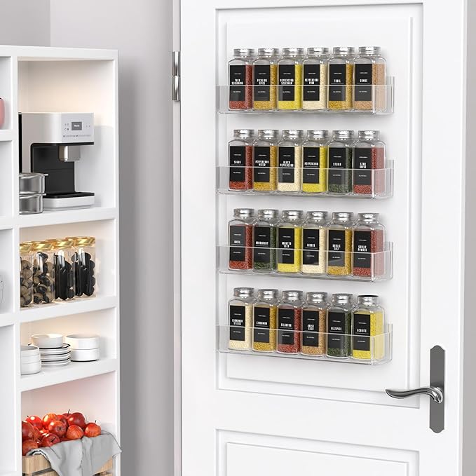 PMMASTO Adhesive Acrylic Spice Rack Organizer with 12 Empty Square Spice Jars, 238 Spice Labels with Chalk Marker and Funnel Complete Set for Kitchen Cabinet/Pantry Door (Clear - 2 Pack)-Ruum Studio Home