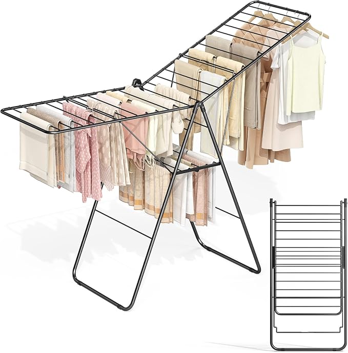 APEXCHASER Clothes Drying Rack, Oversized Drying Rack Clothing with Height-Adjustable, Foldable Gullwings Metal Laundry Rack, Indoor Outdoor Use, No Assembly, Black-Ruum Studio Home