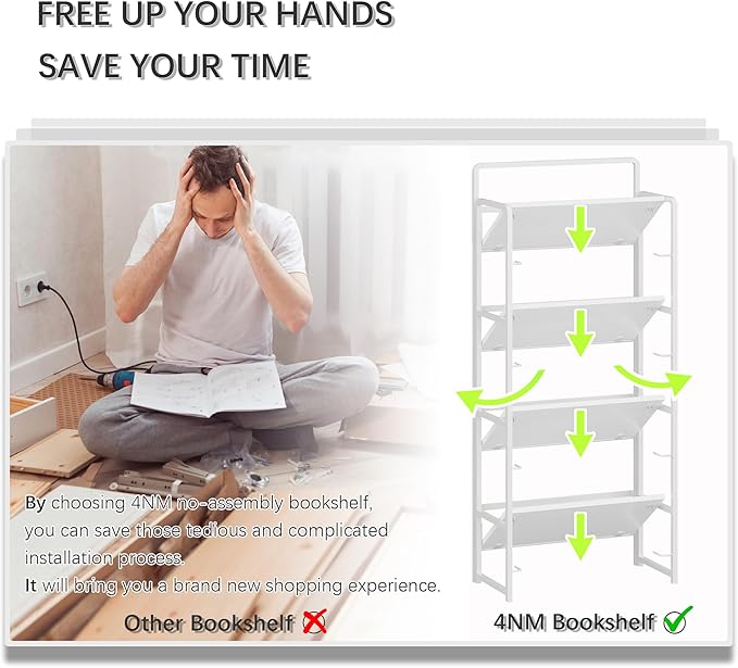 4NM No Assembly Foldable Bookshelf, 4-Shelf Collapsible Bookcase Storage for Small Spaces, 54" H, All White-Ruum Studio Home