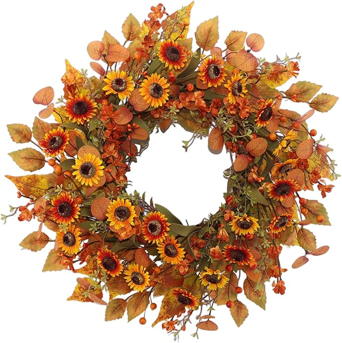 22 inch Artificial Fall Wreaths for Front Door,Autumn Wreath with Eucalyptus Leaves and Chrysanthemum Suitable for Indoor Outdoor Harvest Festival Thanksgiving Day Farmhouse Holiday Decor.-Ruum Studio Home