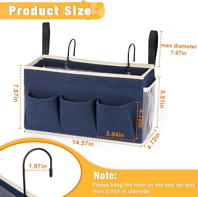 Bedside Caddy Bedside Organizer Bedside Storage Caddy with Fixed Straps and Water Bottle Holder for Home College Dorm Bunk Bed Hospital Bed Crib Bed Rails (2pcs Navy Blue)-Ruum Studio Home