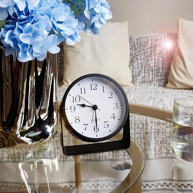 Small Desk Analog Alarm Clock Battery Powered Mini Metal Nightstand Shelf Clock with Light Side Table Decor Mid Century Cute Alarm Clock for Heavy Sleepers Bedrooms Desktop Living Room Bathroom-Ruum Studio Home