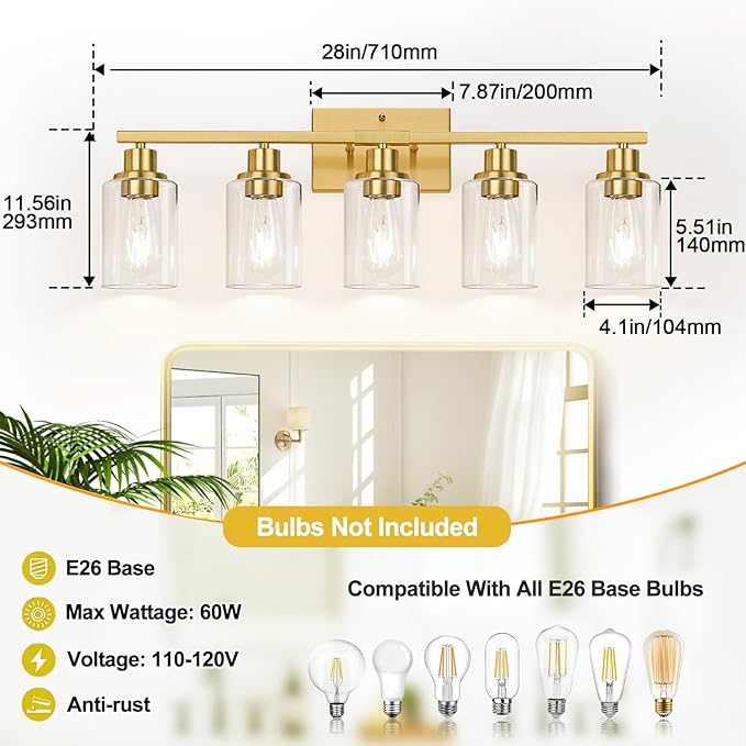 5-Light Bathroom Vanity Light with Clear Glass Shades, Brushed Gold Bathroom Light Fixtures Over Mirror, Modern Vanity Light for Mirror Living Room Cabinet Bedroom Porch-Ruum Studio Home