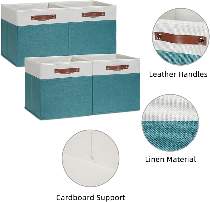 HNZIGE Fabric Storage Bins for Shelves 13x13 Storage Cubes Set Of 4 Foldable Storage Baskets with Handles for Organizing Cloth Closet Toy Nursery(Teal&White)-Ruum Studio Home