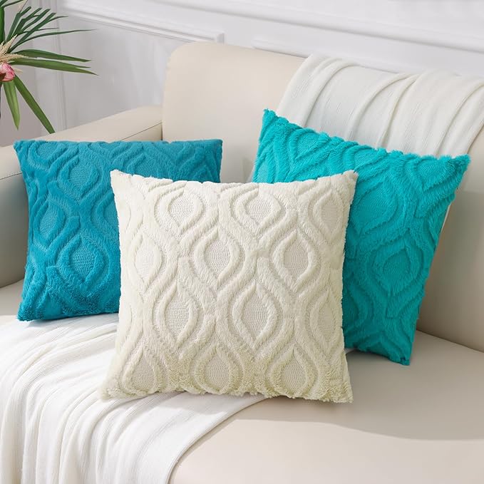 decorUhome Fall Throw Pillow Covers 12x20 Inch Set of 2, Soft Plush Decorative Faux Fur Turquoise Solid Couch Pillow Covers, Accent Farmhouse Neutral Lumbar Euro Pillow Cases for Sofa Bed Living Room-Ruum Studio Home