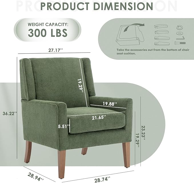 COLAMY Modern Wingback Living Room Chair, Upholstered Fabric Accent Armchair, Single Sofa Chair with Lounge Seat and Wood Legs for Bedroom/Office/Reading Spaces, Green-Ruum Studio Home