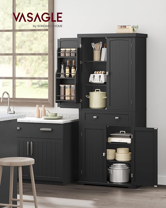 VASAGLE Pantry Cabinet, 71.7-Inch High Freestanding Tall Cupboard Storage Cabinet with a Drawer, 2 Cabinets, 4 Adjustable Shelves, 6 Door Shelves, for Living Room, Kitchen, Ink Black UBBC561B12-Ruum Studio Home