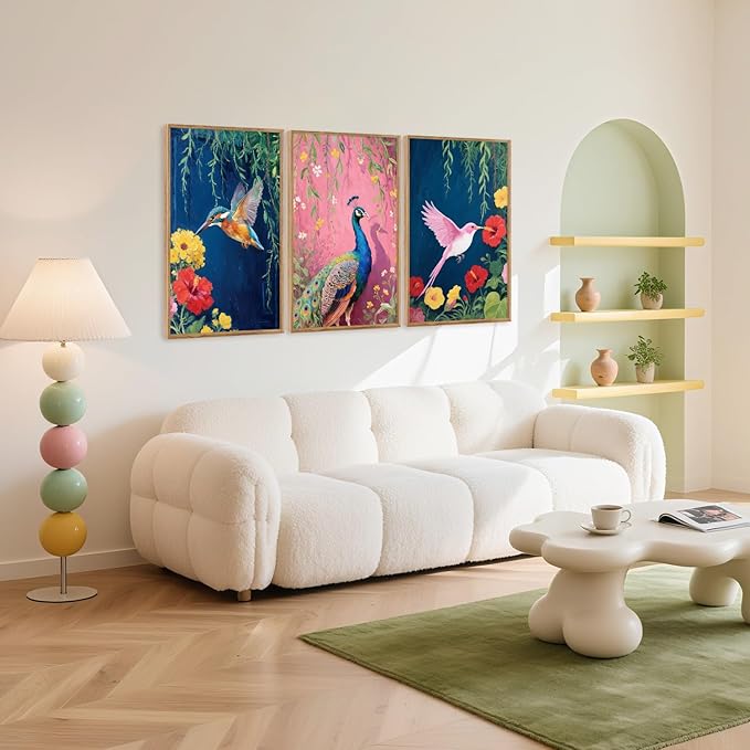 Aurlan Colorful Birds Flowers Framed Wall Art(16"x24"), 3PCS Large Classic Elegance Hummingbird Peacock Canvas Artwork, Vintage Abstract Watercolor Peony Floral Willow Decor for Home Office Bedroom-Ruum Studio Home